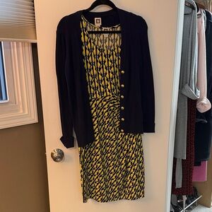 Anne Klein Yellow and Black Geometric Dress with Cardigan